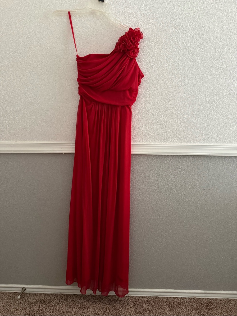 Cinderella One-Shoulder Red Floral Ruffle Gown